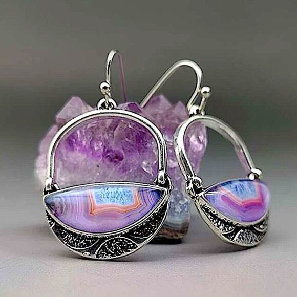 Vintage Handmade Silver Purple Hollow Out Boho Dangle Earrings - Picture 3 of 5